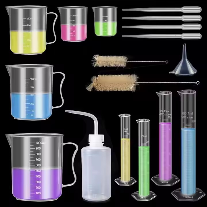 Chemistry Lab Equipment Plastic Graduated Cylinders Plastic Beaker Lab Pipettes Plastic Funnel Wash Bottle Brush