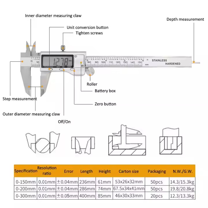 Wholesale High Precision Large LCD Screen Stainless Steel Vernier Caliper 150 200 300mm Measuring Tools Digital Vernier Caliper